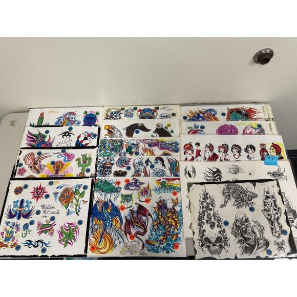 Weldon Lewis 1996 Tattoo Lot 14 Vintage Tattoo Flash Sheet Dragons, Fire, Skull